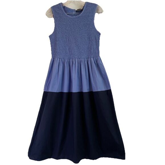 FRENCH CONNECTION Rhodes Colorblock Smocked Blue Poplin Dress, Sz 12 - Picture 1 of 13